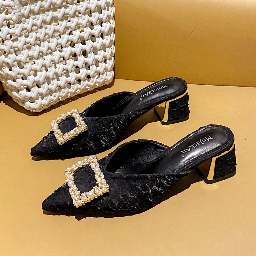 新中式国风2025百搭半托单鞋女黑色新款高级感半拖鞋穆勒凉拖高跟