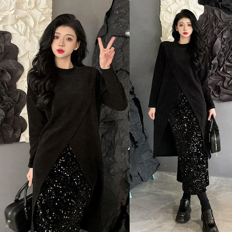 大码胖春秋气质显瘦黑色不规则高开叉针织衫女亮片半身裙两件套
