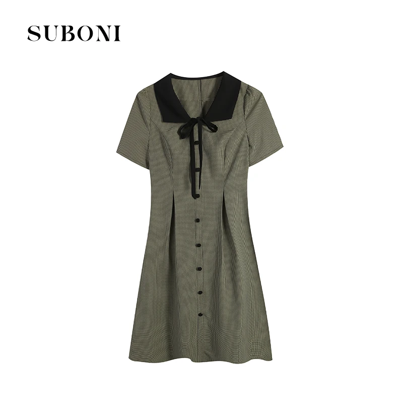 【五季家】 夏季复古格调气质绿色格子连衣裙ZL54517