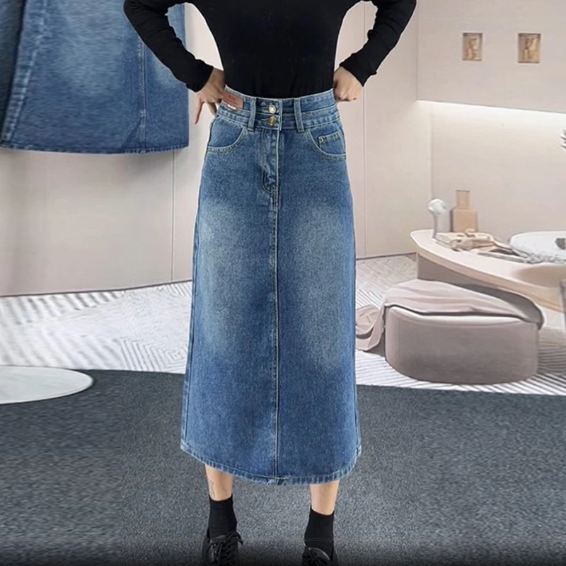 【现货】复古高腰显瘦胖mm遮肚子牛仔a字半身裙子小个子开叉中长款