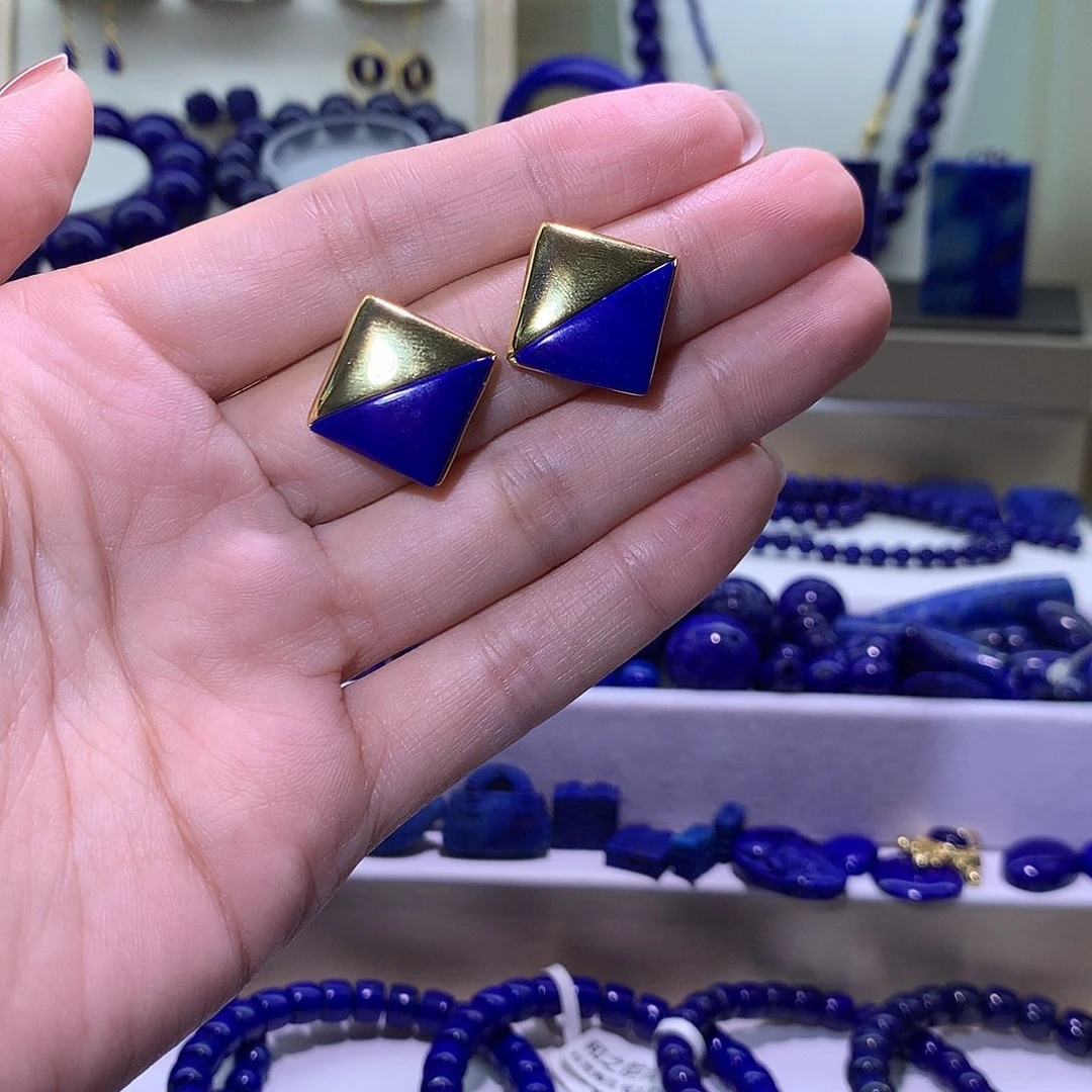 青金石合金天然原矿耳钉