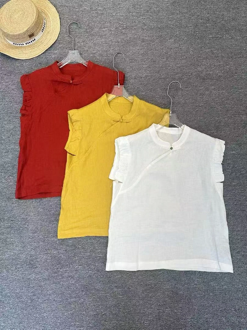 2025夏季新款立领国风盘扣无袖花边减龄T恤1348