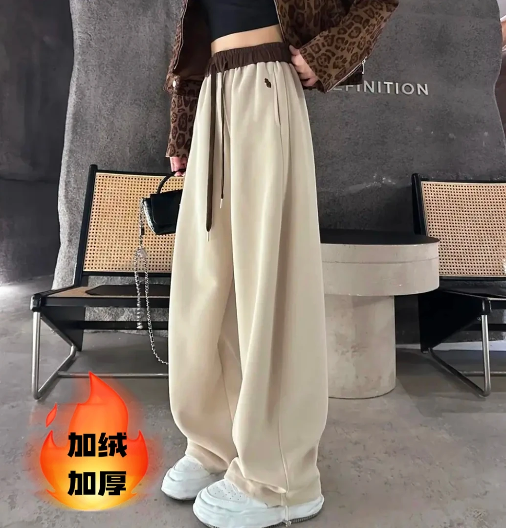 【现货+运费】秋冬刺绣美式慵懒风休闲裤撞色高腰束脚裤女一裤两穿