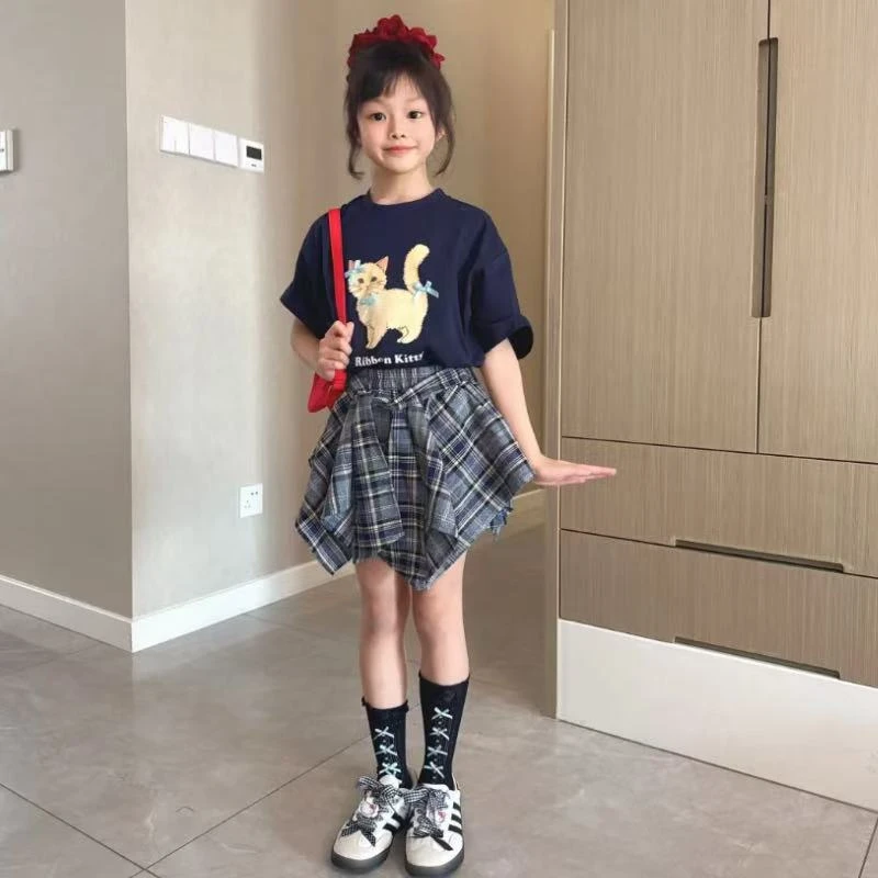 女童套装夏装2025新款洋气女孩棉质猫咪T恤中大童休闲t格子半身裙