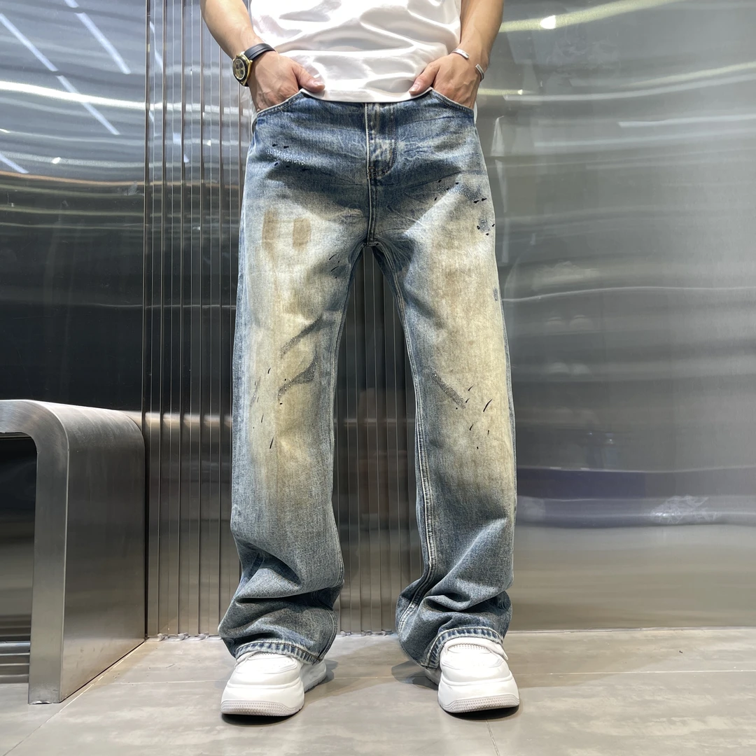 秋季男士扎染复古做旧长裤牛仔裤美式休闲高街裤子水洗蓝色小直筒