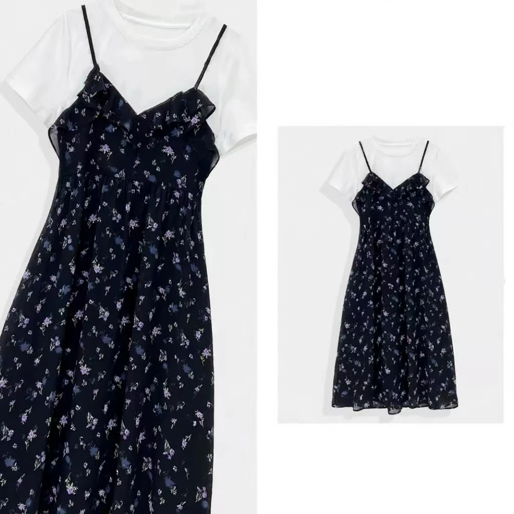 高级重工原创夏日女装拼接假两件修身收腰气质高定连衣裙