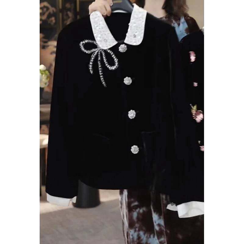 EV.【原创设计】桑蚕丝绒蝴蝶结水钻长袖上衣外套EV25QW173