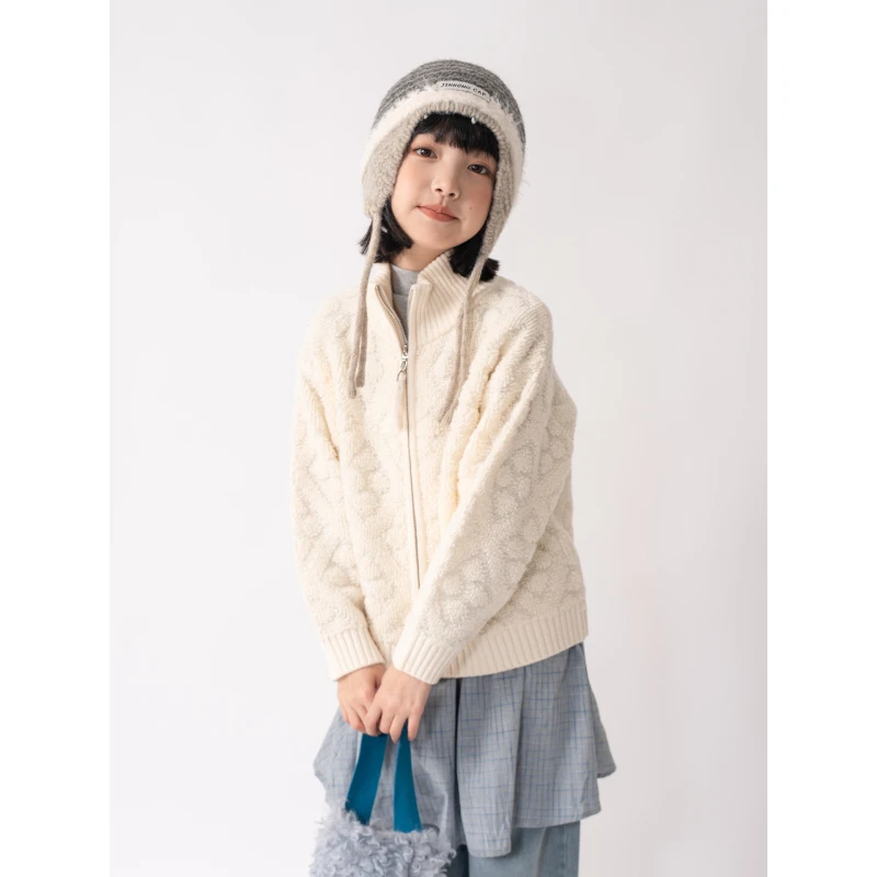 ‘点格’【100%羊毛】女童半高领拉链开衫外套羊毛衫厚儿童毛衣