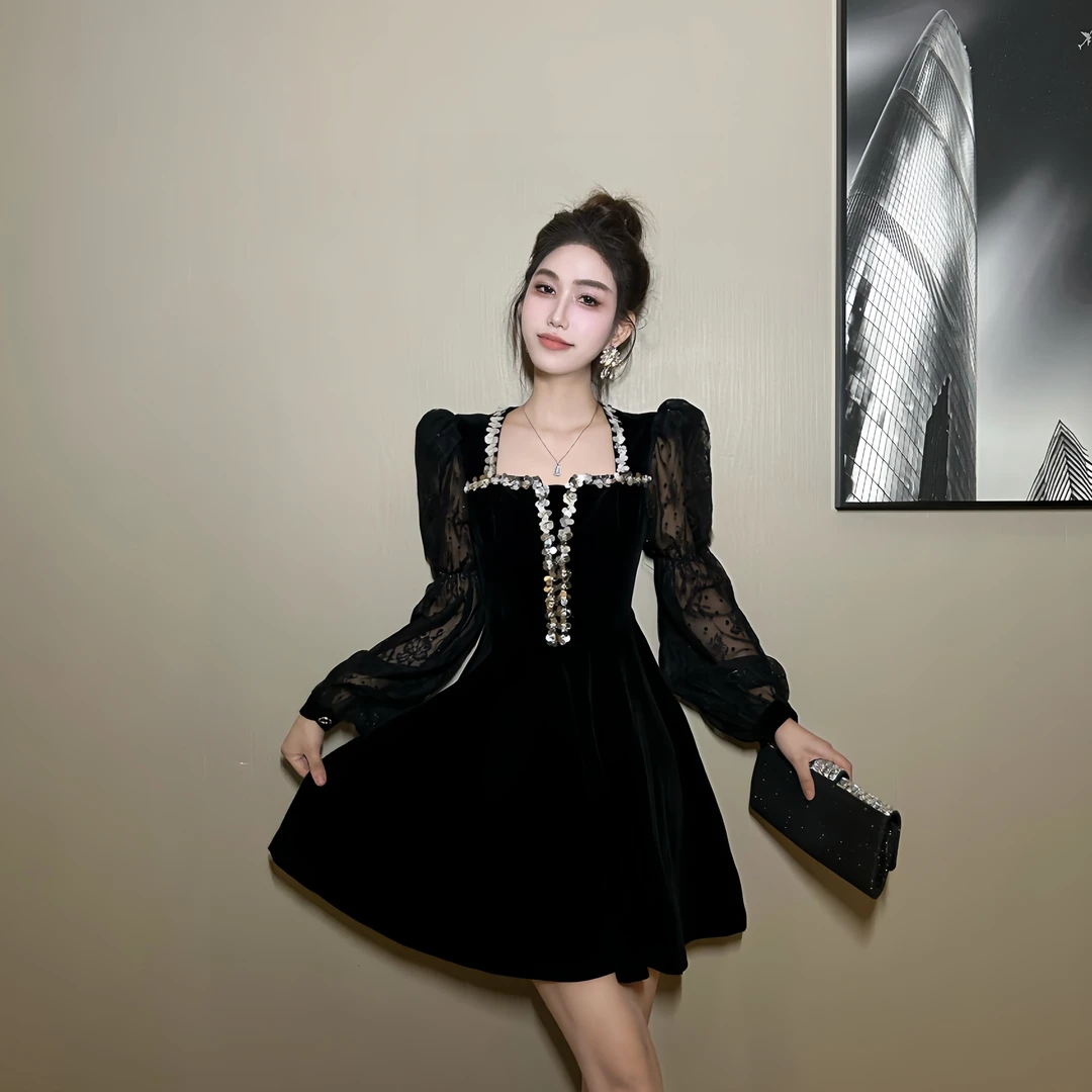 【时时原创】气质优雅女神范轻奢时尚法式复古名媛宴会连衣裙21547