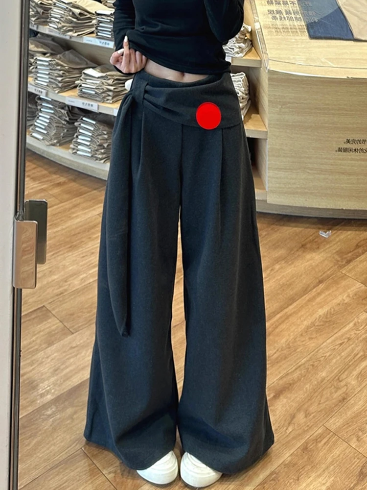 深灰色毛呢休闲阔腿裤女秋冬新款大码胖mm高腰飘带直筒垂感拖地裤