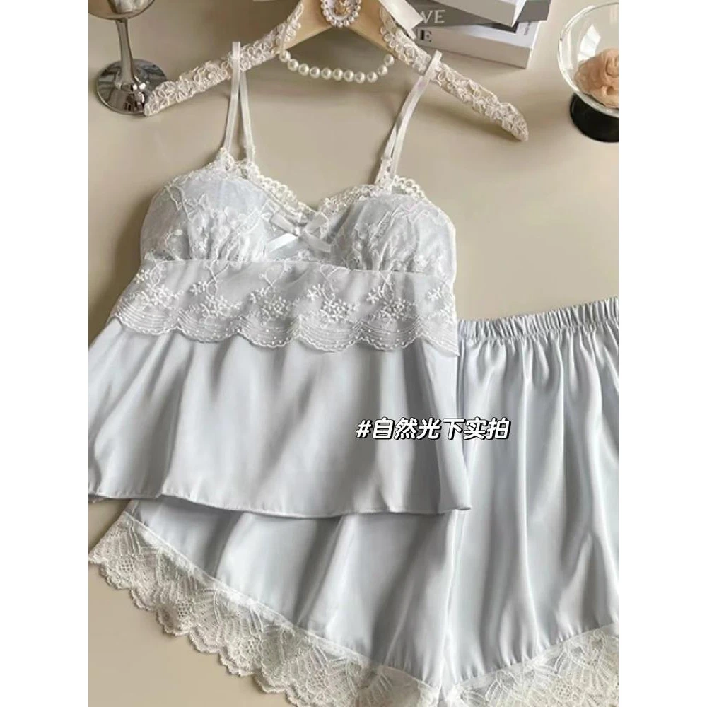 带胸垫夏季睡衣2025年新款甜美高级性感蓝吊带背心短裤家居服套装