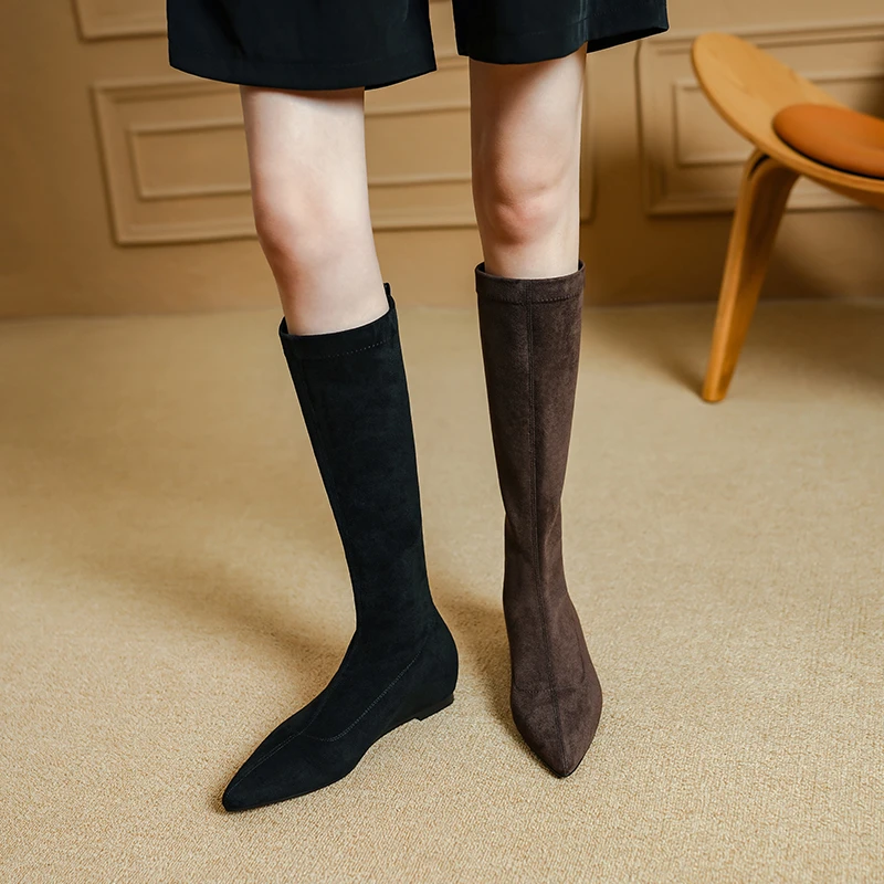 跟高3.5cm/秋冬新款平底中跟内增高长靴女高筒靴瘦瘦弹力靴