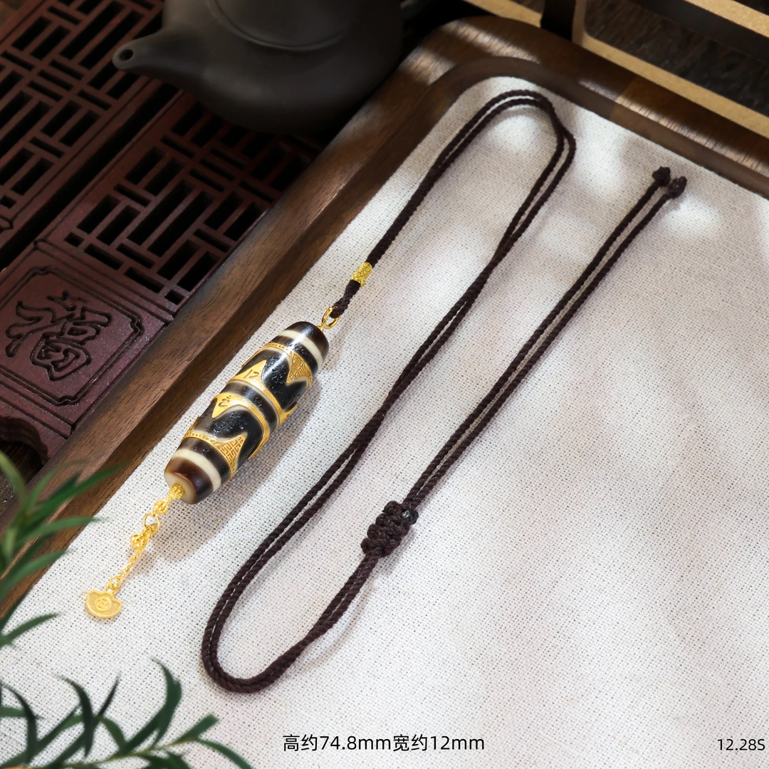 【金豆VIP】如意令||18K金豪镶双虎牙六字真言玛瑙吊坠天阿珠（赠绳）