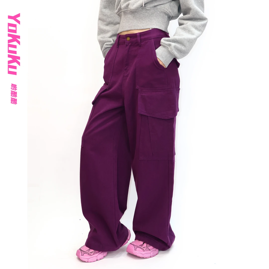 哟酷酷（紫气东来）美式高街带盖休闲百搭阔腿工装牛仔裤春秋休闲裤