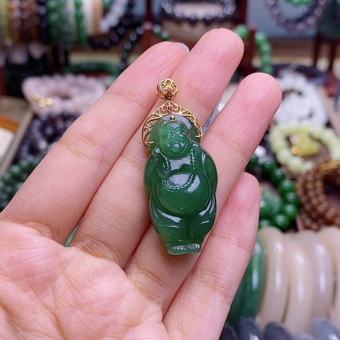 和田玉未镶嵌颈饰h****n精品毕业级碧玉猫眼逍遥佛公金镶