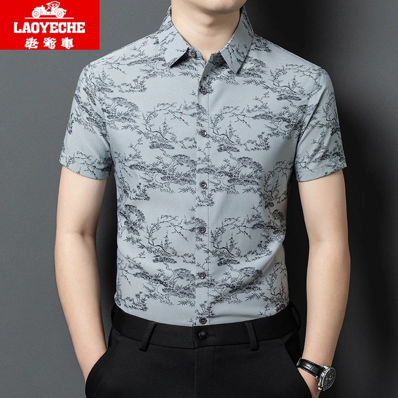 老爷车夏季薄款高档中国风潮流印花男士冰丝短袖衬衫半袖休闲衬衣