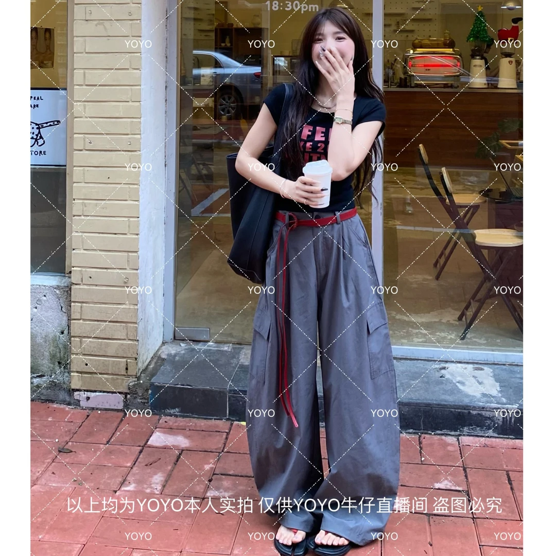YOYO自制【灰色工装】夏季显瘦时尚休闲宽松设计感工装拖地阔腿裤