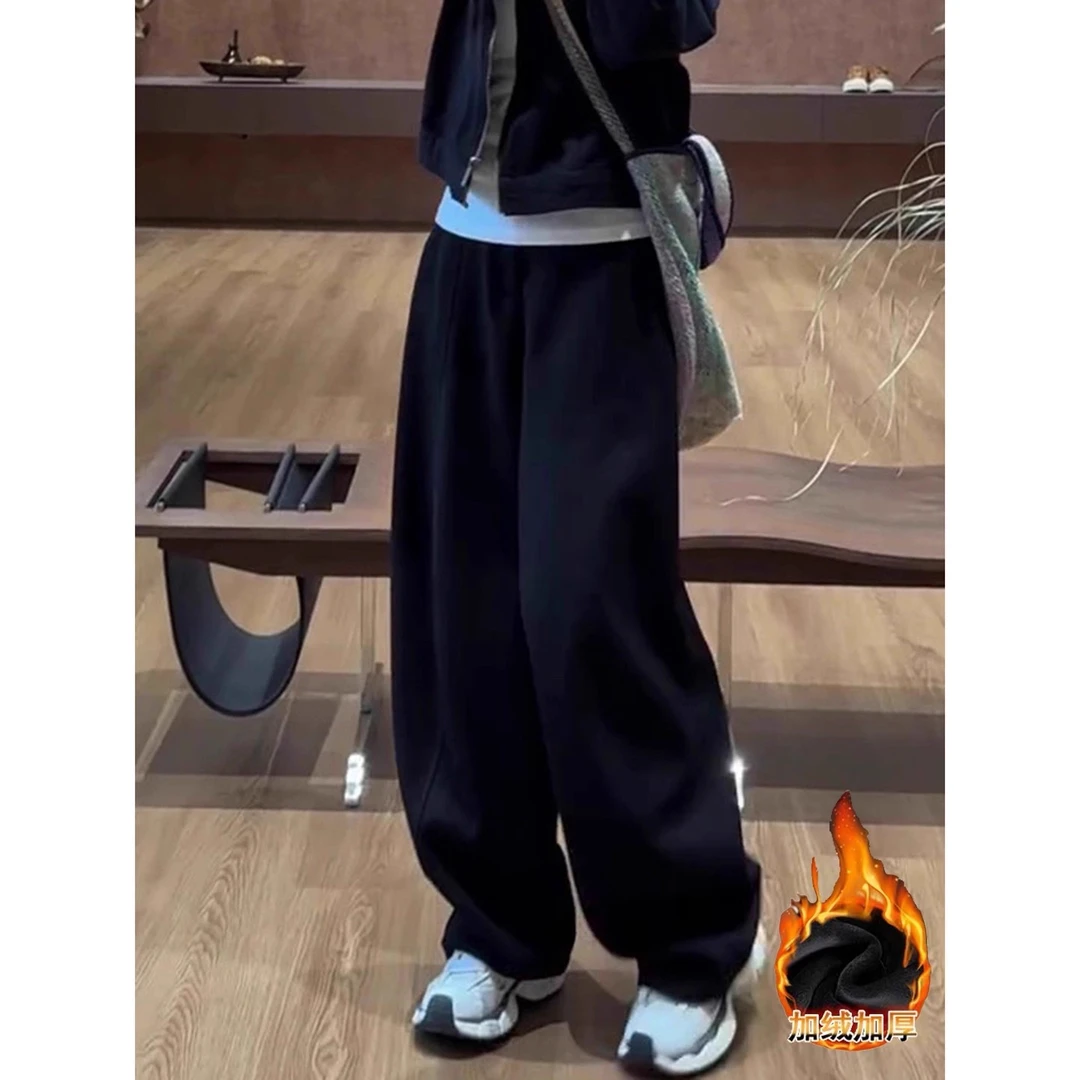2025新款秋冬季加绒加厚保暖复古宽松显瘦百搭垂感运动休闲阔腿裤