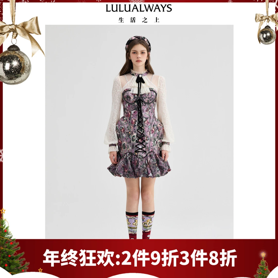 【商场同款】24冬季新款气质甜美复古设计感印花连衣裙