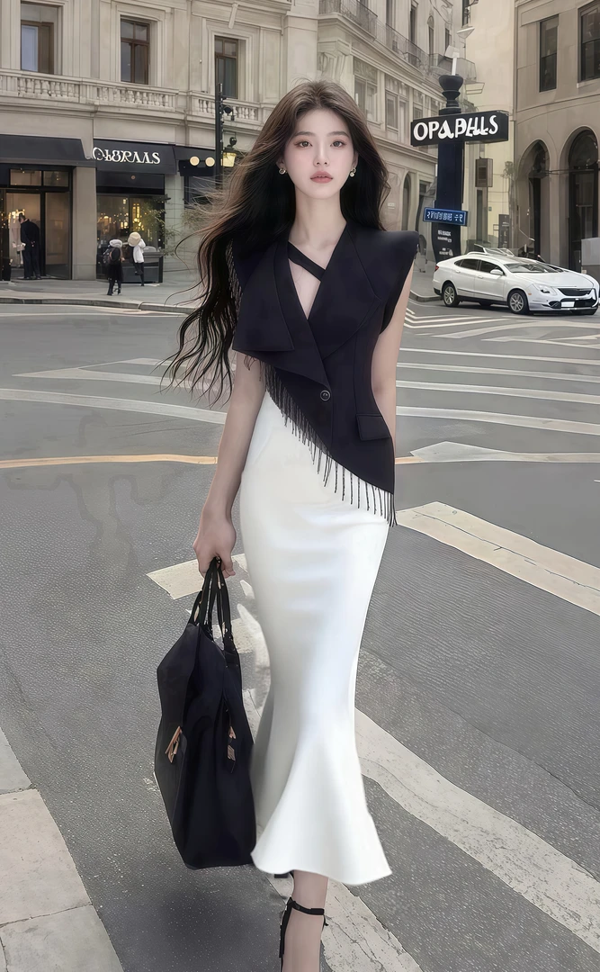 温柔知性风白黑撞色拼接设计V领修身收腰包臀连衣裙女时尚氛围感