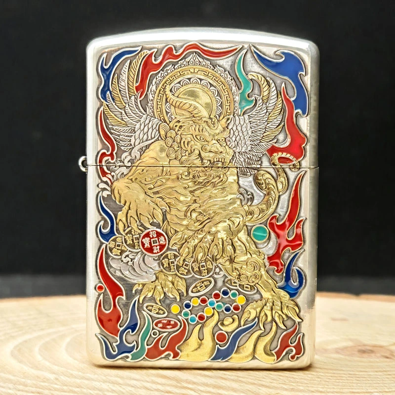 【老李鉴定】ZIPPO打火机正版蝎子包银盔甲鎏金珐琅彩护主貔貅DYJ1