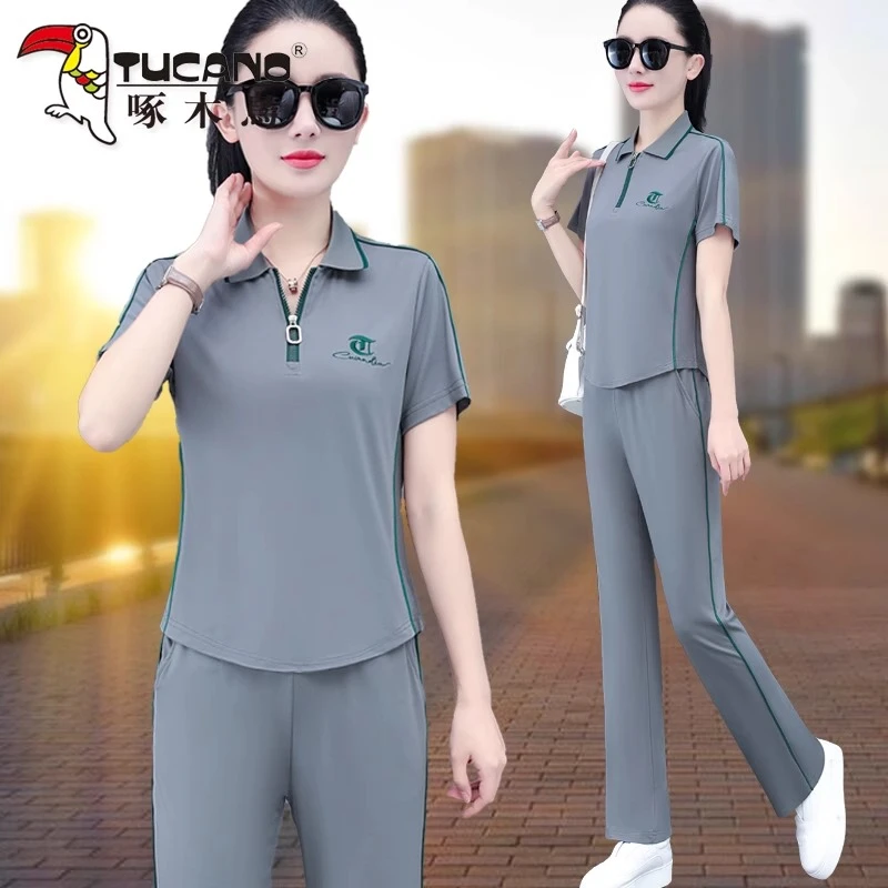 啄木鸟运动套装女夏季新款冰丝妈妈洋气跳舞休闲两件套女装薄款