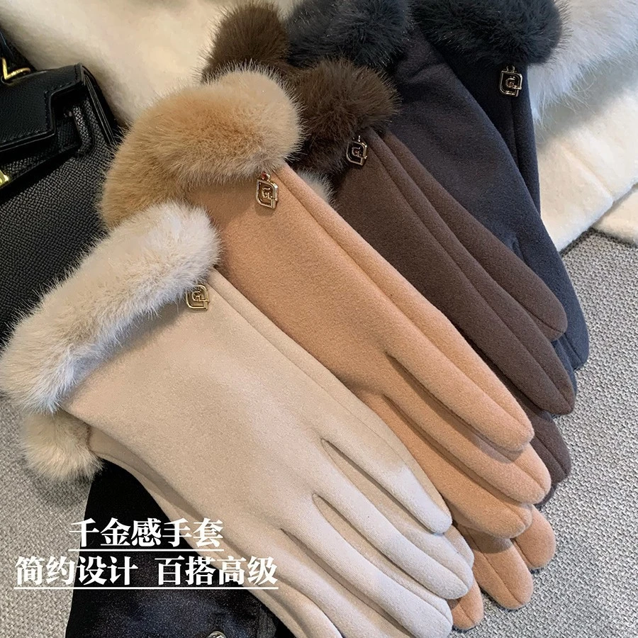 千金感轻奢德绒毛绒手套女秋冬骑行防寒保暖分指可触屏毛圈款手套