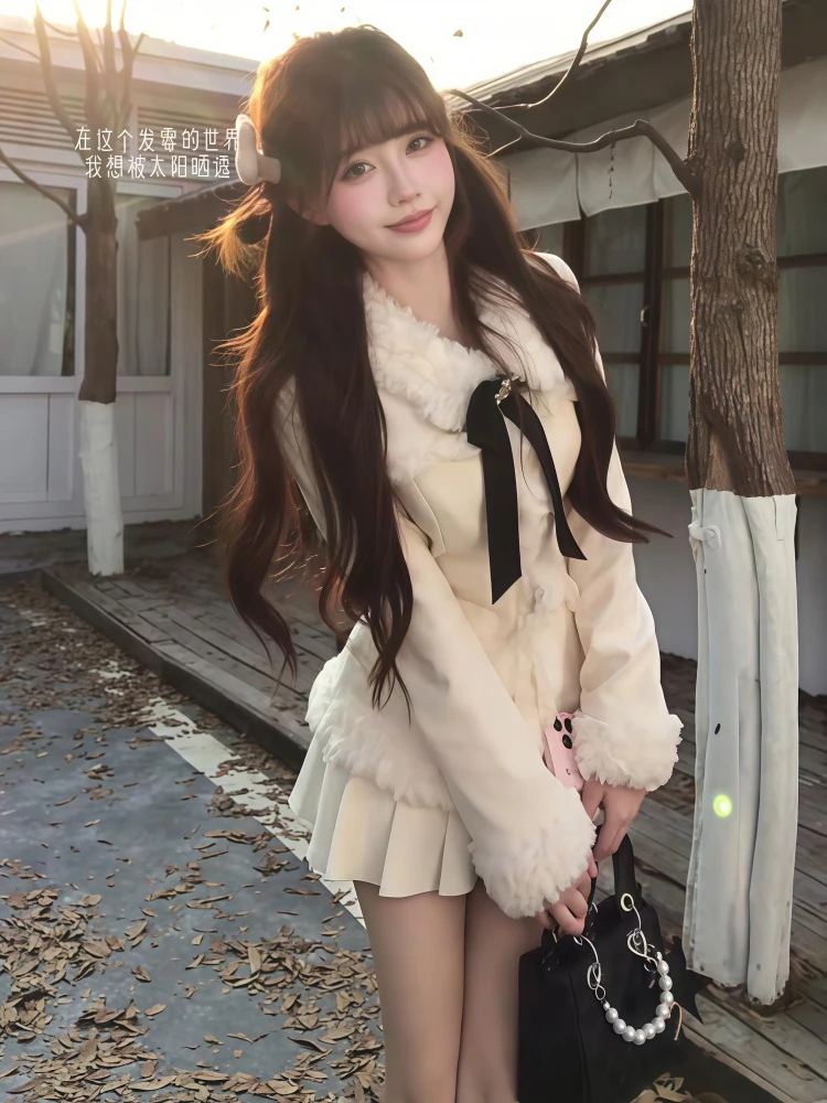 小香风富家千金感显瘦蝴蝶结收腰外套上衣气质高级感百褶裙短裙子