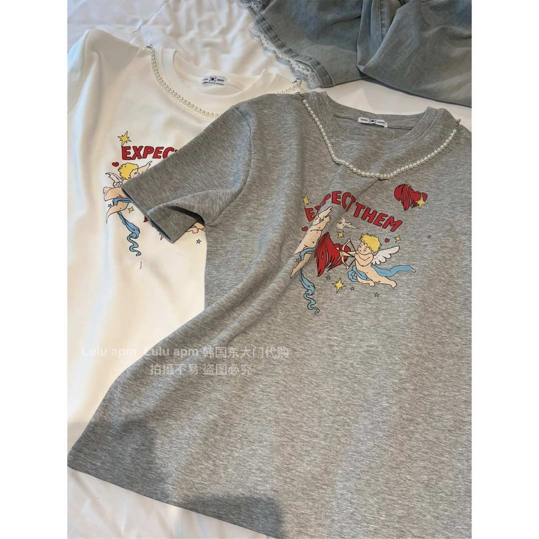 루루가−（丘比特）韩国东大门新款 趣味丘比特印花珍珠圆领短袖T恤