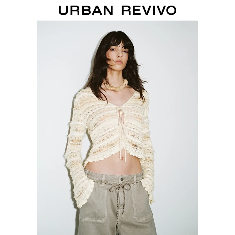 UR2026春季新款女装休闲镂空超短款针织开衫UYL950117+