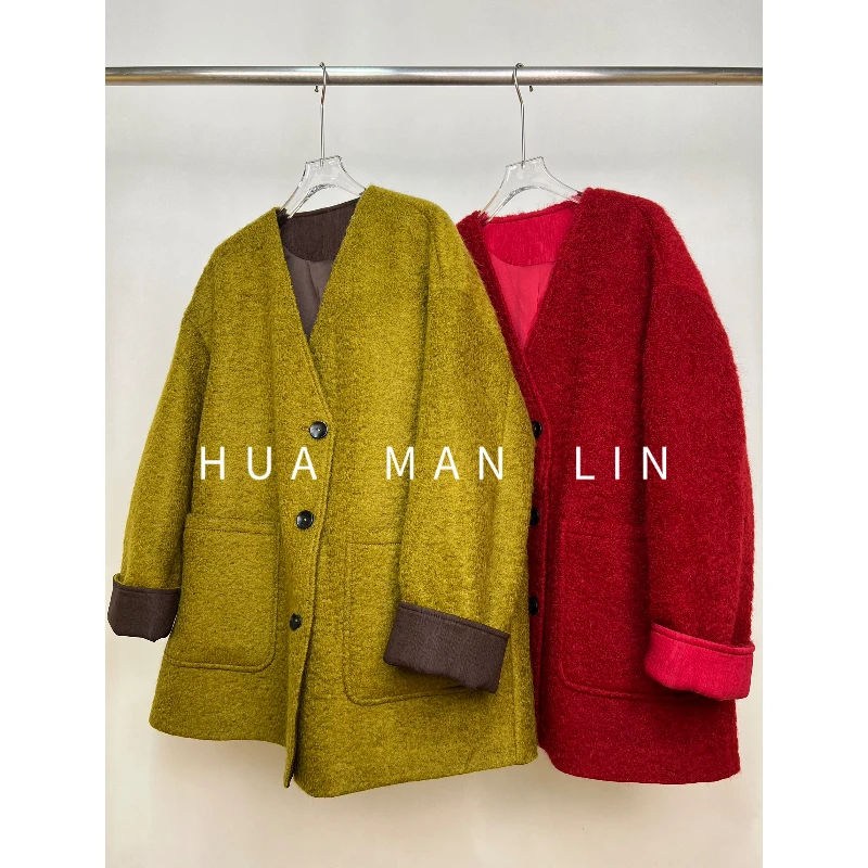 【花满林】两色V领正门襟大口袋撞色翻袖绵羊毛外套35011
