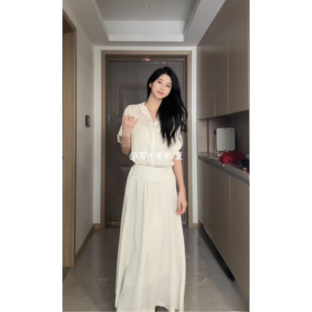 夏季温柔学姐短袖法式长裙小众拼接设计感V领两件套连衣裙