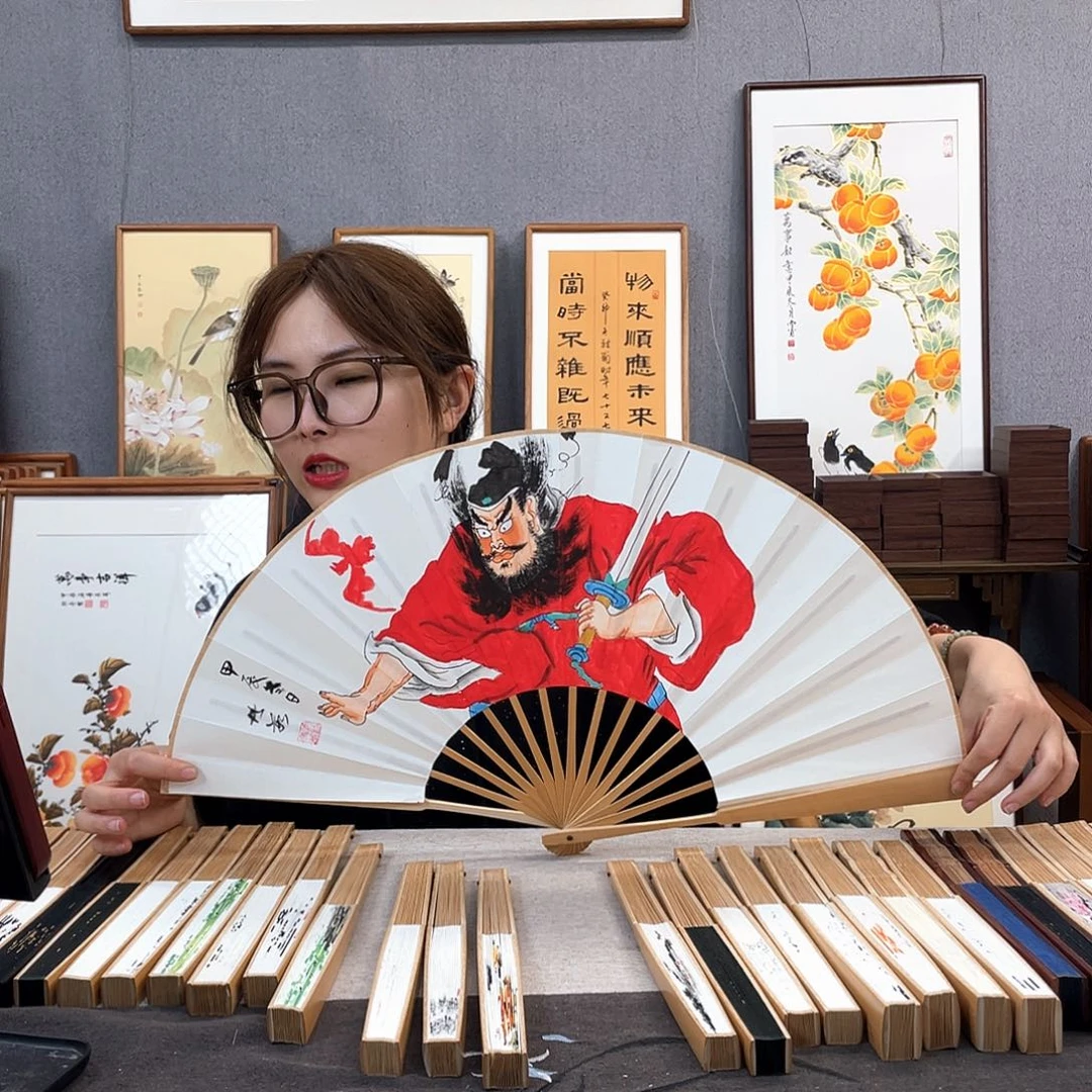 国画10寸玉竹-纯手绘-文玩扇骨（默认粘好）