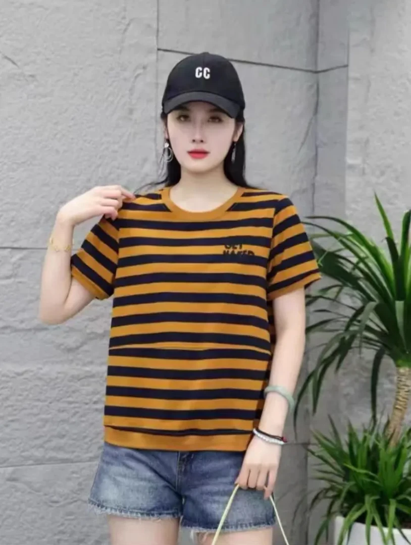 2025新款8283款条纹宽松型休闲风夏装短袖减龄百搭T恤V领圆领