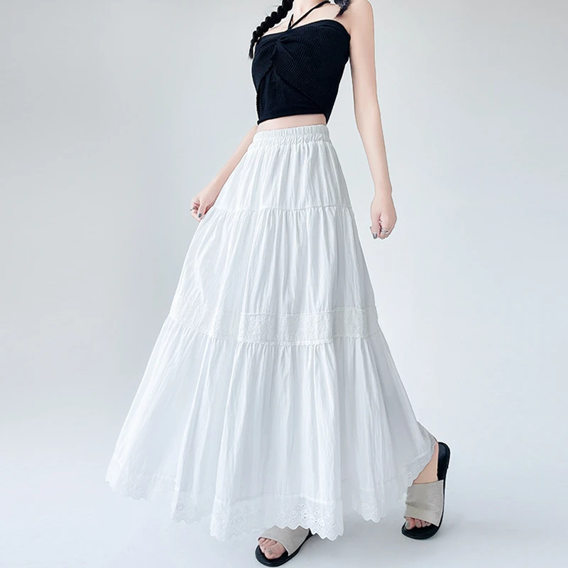 白色网纱蕾丝半身裙2025年春夏不规则长裙松紧腰休闲大摆蛋糕显瘦