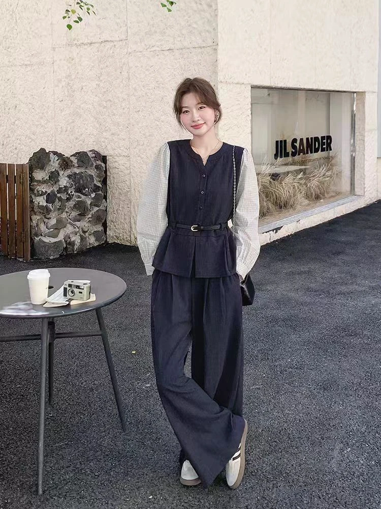 2025新款轻熟风法式时尚洋气假两件衬衫上衣+休闲阔腿裤套装 5080