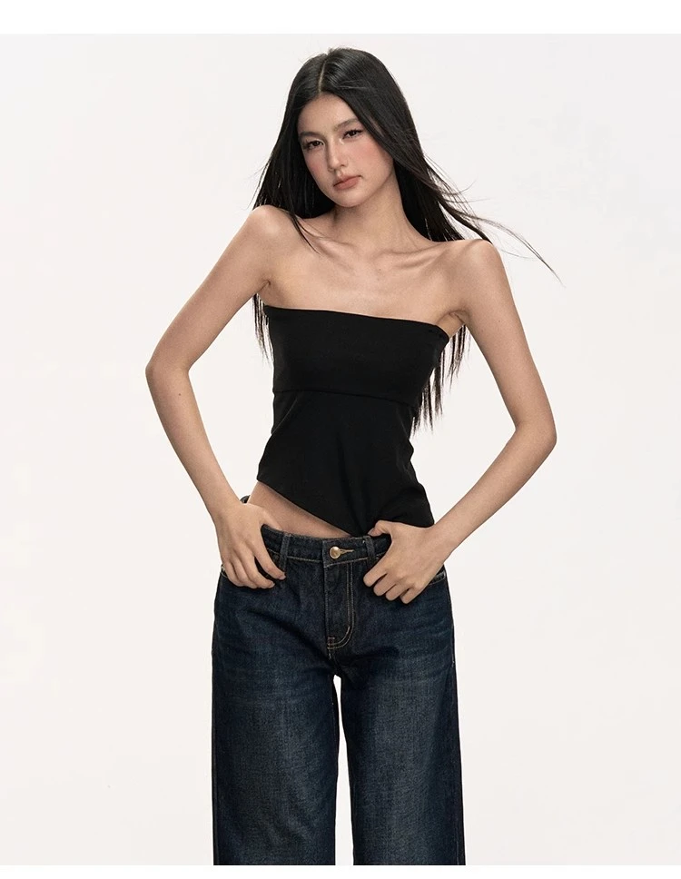 anna aneae设计感小众黑色上衣女春季百搭辣妹两穿挖空拼接小上衣