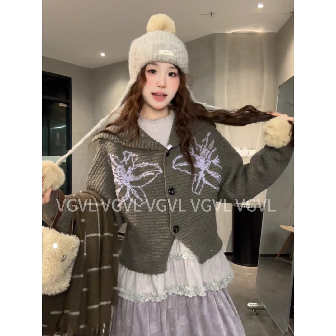 VGVL韩版重工宽松女植物花卉秋季宽松型毛衣外套