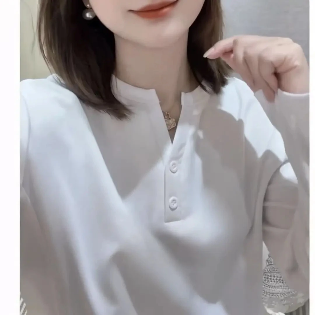 秋季设计感T恤V领女士韩版简约休闲时尚宽松长袖显瘦纯色体恤上衣