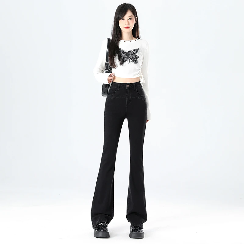 春秋季黑灰色高腰微喇牛仔裤女2025年新款韩版高弹力显瘦喇叭裤