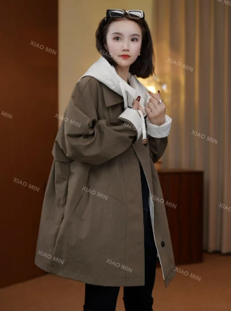 2025秋季新款韩系慵懒风撞色连帽款时尚百搭风衣外套女2965