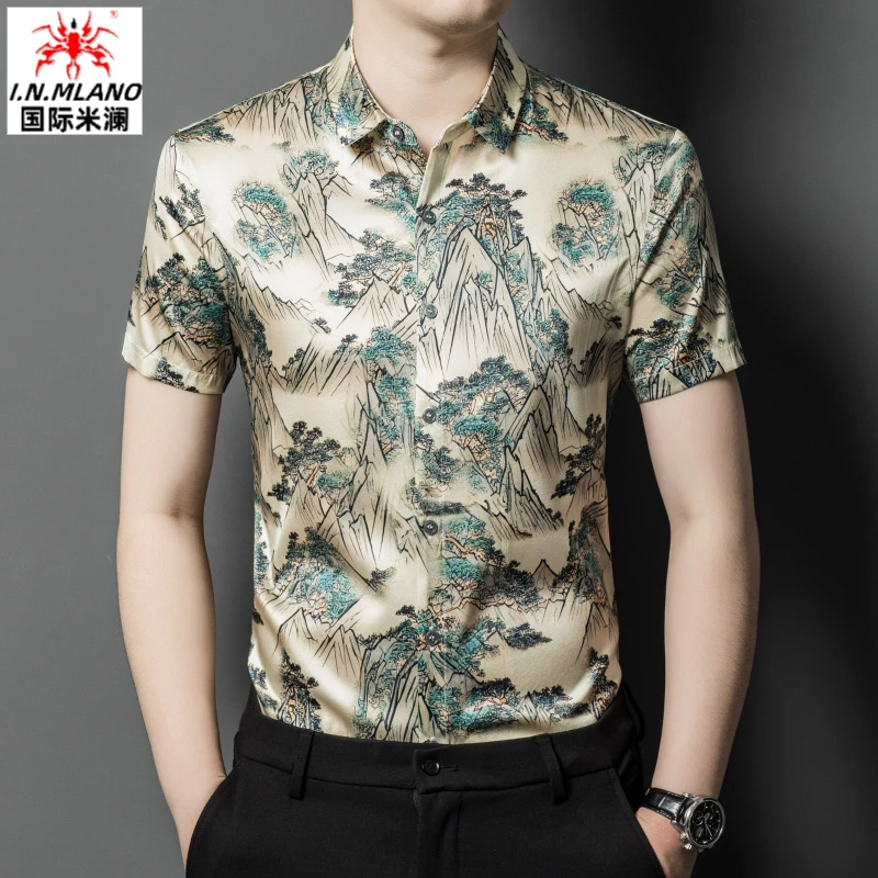 正品桑蚕丝真丝衬衫男士短袖夏季高端中国风山水画商务爸爸装衬衫