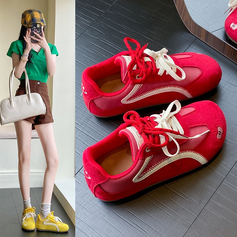 红色德训鞋女2025新款夏季百搭运动休闲鞋复古赛车鞋软底阿甘鞋女