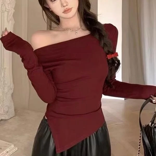 晶选推荐气质一字肩打底上衣7820肩上一字肩上衣显瘦长袖短款性感