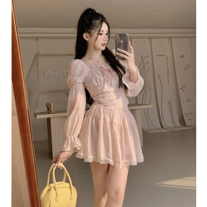 【现货】大码女装纯欲少女拼接蕾丝花边上衣高腰半身裙9802