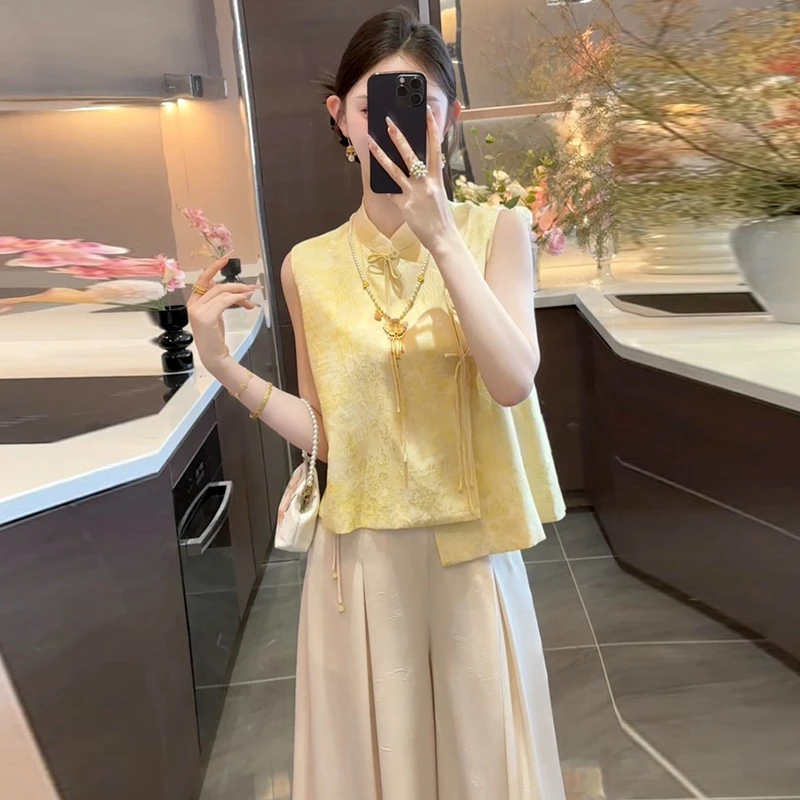 休闲中式国风套装女2025夏季新款气质立领盘扣无袖马甲长裤两件套