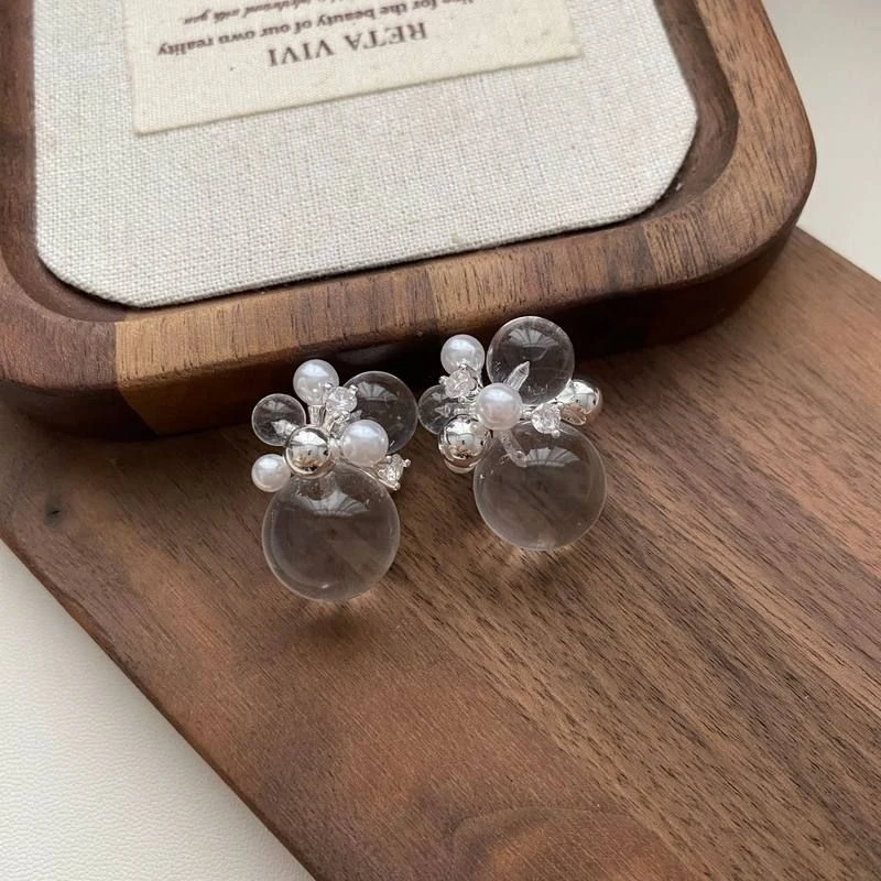 黄铜仿水晶耳饰 气质水晶圆球耳钉925银针珍珠ins风高级感耳饰