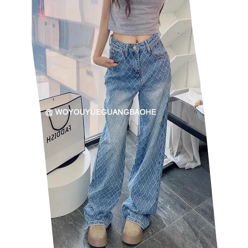 蓝色牛仔裤女春秋2025年新款设计感菱格设计感高腰窄版直筒裤子