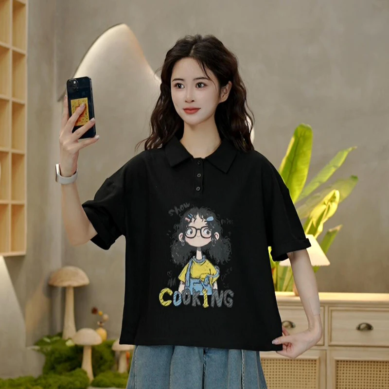 6717 夏季新款背带裤女孩印花T恤休闲百搭宽松翻领短袖上衣