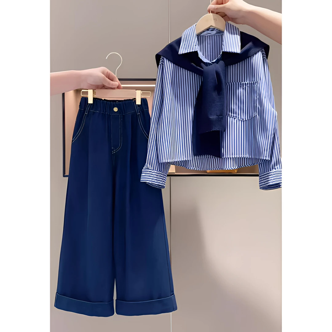 女童秋季牛仔裤儿童2025新款春秋装女孩大童坎肩条纹衬衫韩系套装